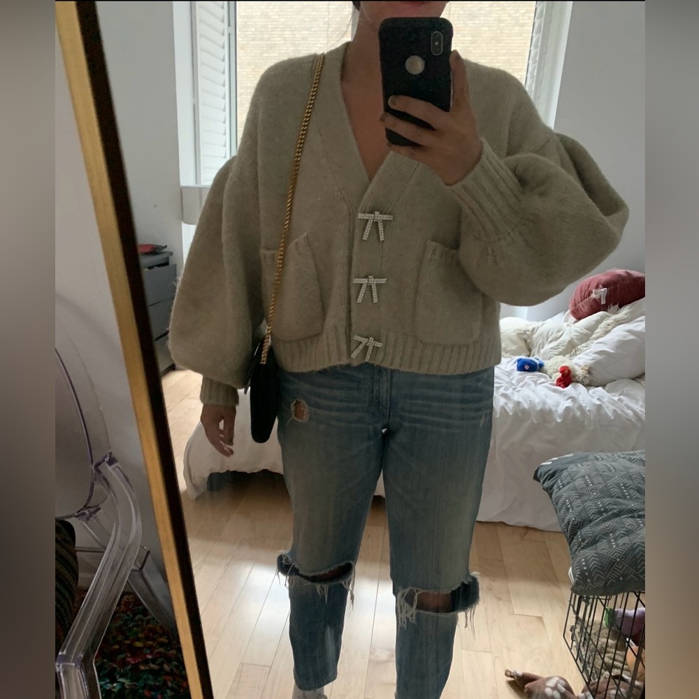 Zara Cropped Knit Cardigan with Bow Closures